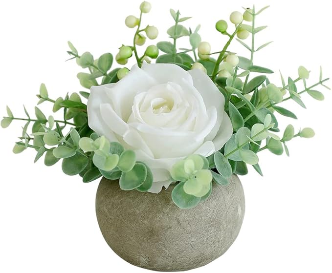 Small Artificial White Rose Potted Plant, 6" Fake Silk Flowers in 3.5" Round Pot, Mini Faux Floral Arrangement for Desk Shelf Bathroom Decor