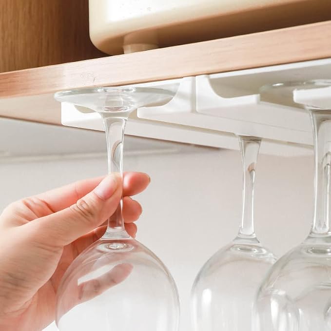 Wine Glass Holder Under Cabinet ，Wine Glass Rack - Under Cabinet Stemware Wine Glass Holder Glasses Storage Hanger plastic Organizer for Bar Punch-free Self-adhesive 2 Pack（White）