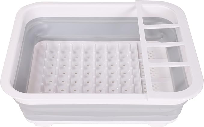 J&V TEXTILES Collapsible Dish Drying Rack - Popup for Easy Storage, Drain Water Directly into The Sink, Room for Eight Large Plates, Sectional Cutlery and Utensil Compartment, Compact (Gray)