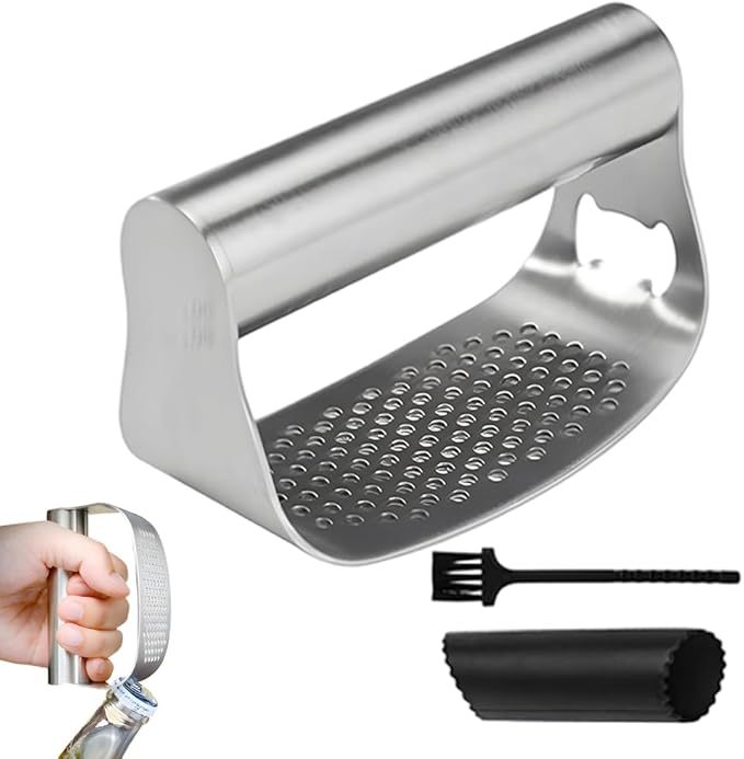 Garlic Press Rocker,Stainless Steel Garlic Presser,Crusher and Chopper,Kitchen Garlic Mincer Tool with Peeler & Cleaning Brush,For Extract Garlic Paste (1 SET)