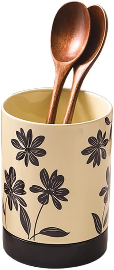 Dxcaicc Vintage Ceramic Utensil Holder for Kitchen Counter, 4 Inch Cooking Utensil Crock with Drain Holes, Elegant Countertop Organizer for Spoons, Chopsticks, Spatulas,Black