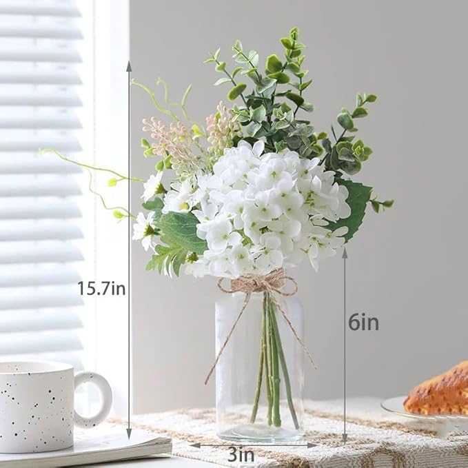 LADADA White Artificial Hydrangea Bouquet with Glass Vase - 15.7" Faux Hydrangea & Eucalyptus Arrangement, Fake Flowers in Vase for Table Centerpiece, Bathroom, Kitchen & Farmhouse Home Decor