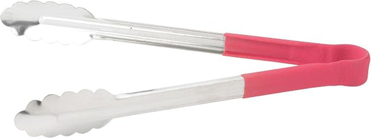 Winco 12" Stainless Steel Serving Tongs with Non-Slip Handle, Red