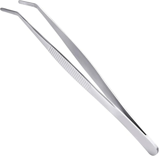 Long Forceps Tweezers, Serrated Bent Flat Tips Precision Curved Science Surgical Tongs Jewelers Needle Metal Sewing Sharp Small Kitchen Cooking Tweezers With Teeth Knurled Handles (1PCS)