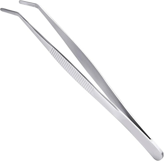 5 Inch Bent Tip Long Forceps Tweezers, Serrated Flat Tips Precision Curved Surgical Tongs Jewelers Needle Metal Sewing Sharp Kitchen Cooking Tweezers With Teeth Knurled Handles (1PCS-125mm)