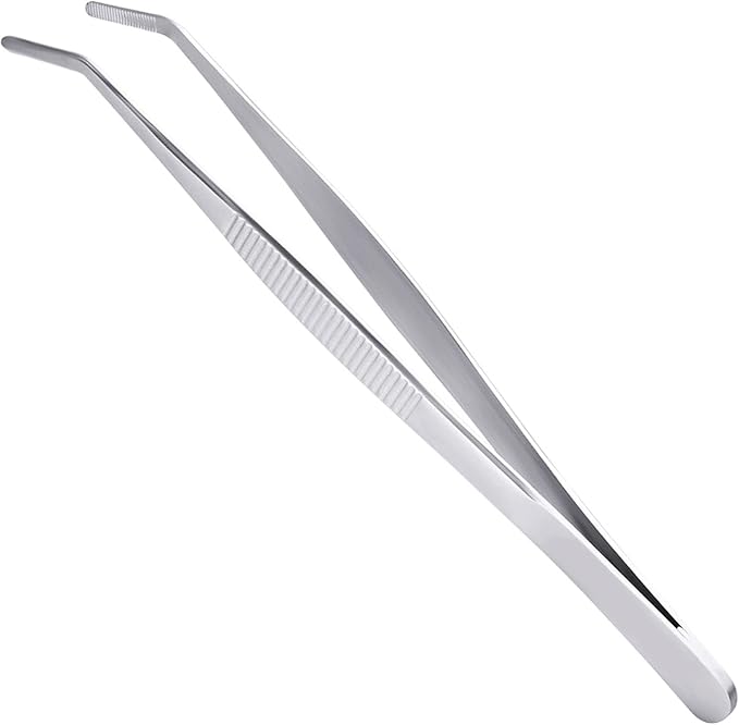 6.3Inch Long Forceps Tweezers, Serrated Bent Flat Tips Precision Curved Science Tongs Jewelers Needle Metal Sewing Sharp Small Kitchen Cooking Tweezers with Teeth Knurled Handles (1PCS-160mm)
