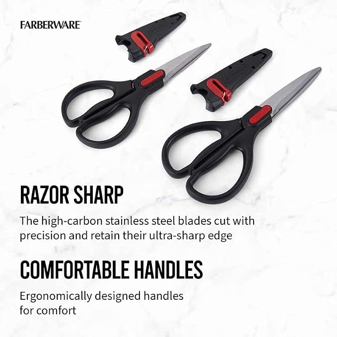 Farberware 2-Piece Kitchen Shears Set with Self-Sharpening Edgekeeper Sheaths, High Carbon Stainless Steel All-Purpose and Utility Scissors for Food, Poultry, Herbs, and More