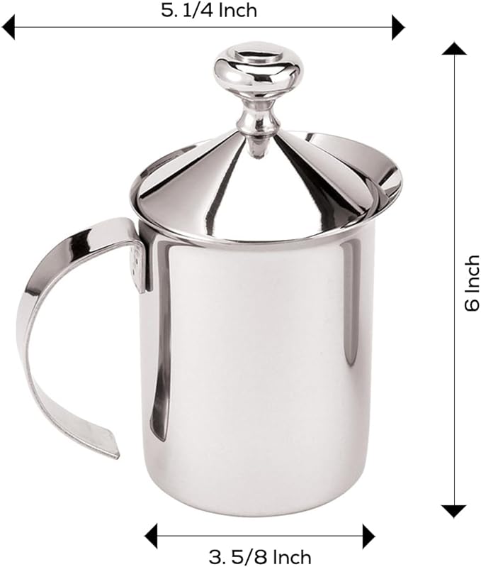Fino Milk Creamer Frother Cappuccino Foam Pitcher with Handle and Lid, 18/8 Stainless Steel, 14-Ounce Capacity