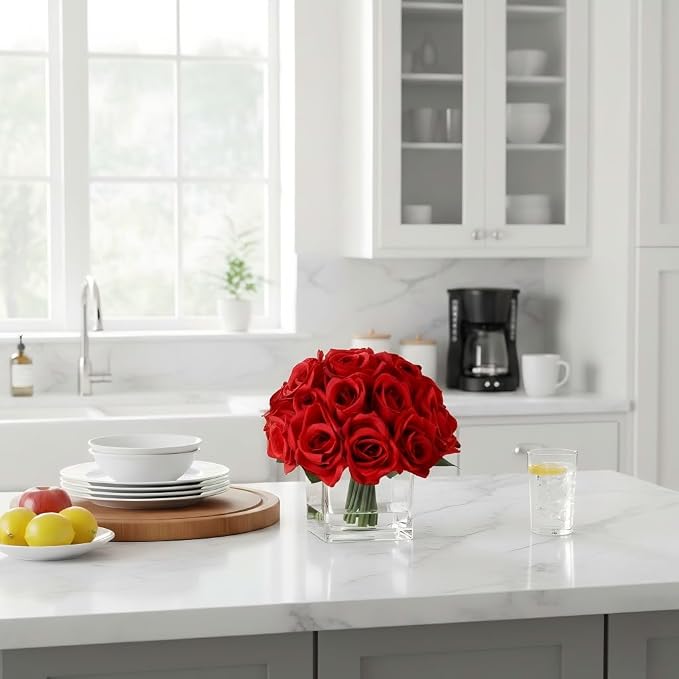 18 Heads Artificial Rose Flowers in Vase, Fake Rose Floral Arrangement in Vase with Fake Water for Dining Table Wedding Home Decor (Red)
