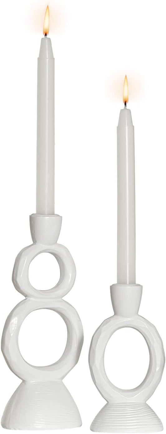 White Taper Candle Holders for Candlesticks, Unique Decorative Candlesticks Holder Home Decor Set of 2 for Fall Thanksgiving Wedding Table Centerpiece Decorations, Modern Aesthetic Room Decor（Resin）