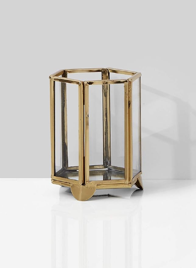 Serene Spaces Living Gold Hexagon Glass Tea Light Holder, Small Size, Measures 4 inches Tall