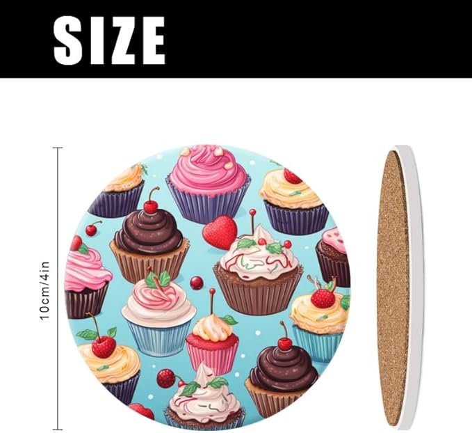 Ceramic Stone Cork Coasters for Drinks Tableware, Cupcake Pattern Round Absorbent Durable Aesthetic Art Cup Mat Protects Tables and Surfaces Set of 1 (4 * 4 Inch)