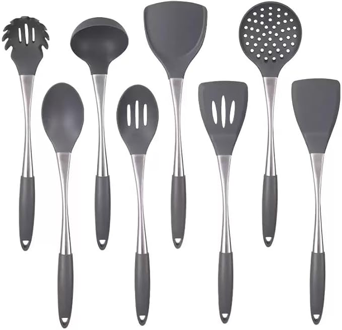 8-Piece Silicone Kitchen Utensil Set, Grey & silvery 304 Stainlss Steel, Heat Resistant Cooking Tools with Comfort Handles- Includes Spatula & Spoon for Nonstick Cookware (Grey & silvery)