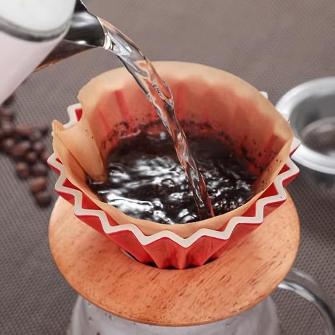 Ceramic Coffee Dripper,Pour Over Coffee Dripper with Wood Stand, Flower-shape for 1-2 Cups Slow Brewing Maker for Home Cafe,Includes Paper Filter Sheets (white)