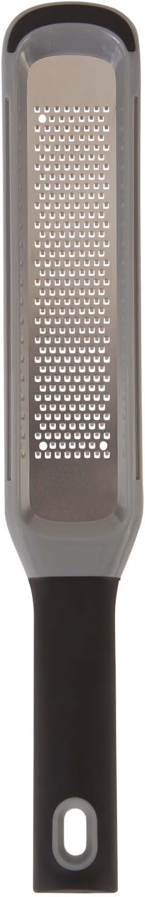 RSVP International Paddle Grater, Etched Steel Blades, Stainless Steel Hand Held Kitchen Cheese & Vegetable Shredder Comfort Grip Handle and Anti-Slip Foot and Safety Cover, Fine Zester