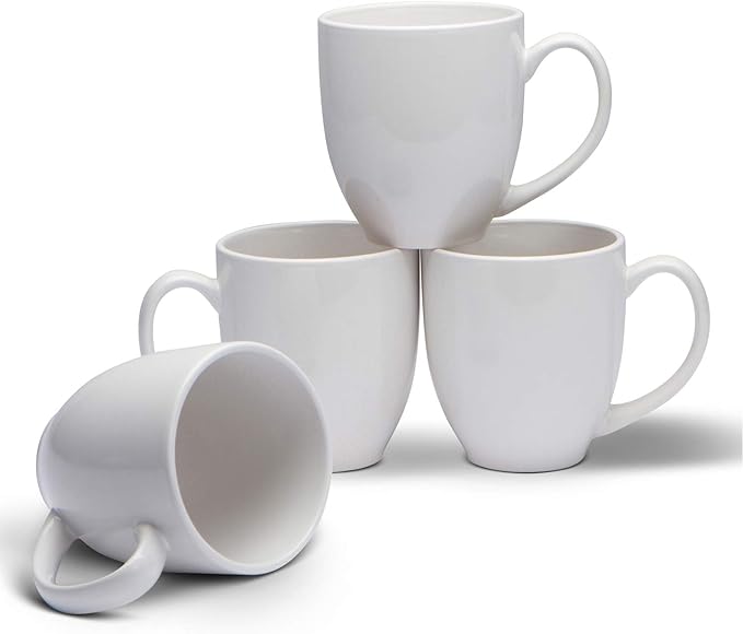 Serami 14oz Bistro White Mugs for Coffee or Tea. Large Handles and Ceramic Construction, Set of 4