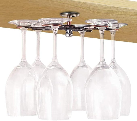 NWB 360° Rotation Hanging Wine Glass Rack,Under Cabinet Stemware Rack,Metal Glass Hanger Drying Rack with 6 Hooks for Home and Bar Storage
