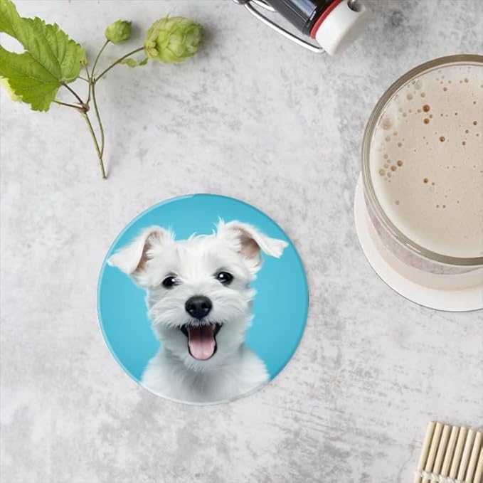 Ceramic Drink Coasters Absorbent Set of 1, White Puppy on Blue Background Round Anti Slip Modern Cup Coasters for Desk Kitchen Office Housewarming Hostess Gifts (4 * 4 Inch)