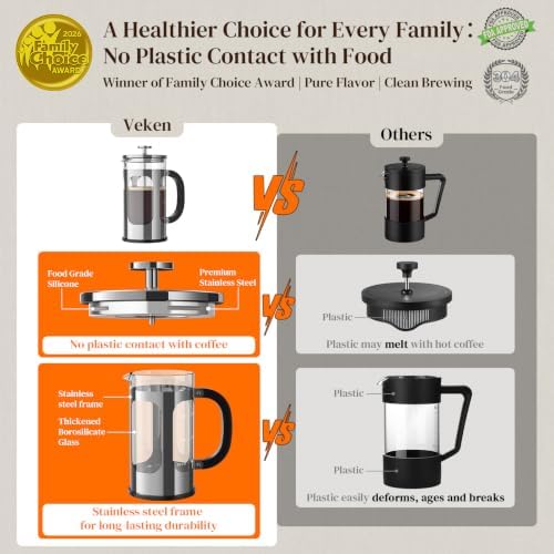 Veken French Press Coffee Maker,No Plastic Touching Cafe,34oz 1L Cafetera,Heat Resistant Thickened Borosilicate Glass Stainless Steel Brewer,Pot for Kitchen,Travel,Camping,Tea,Gifts,Silver (Pack of 2)
