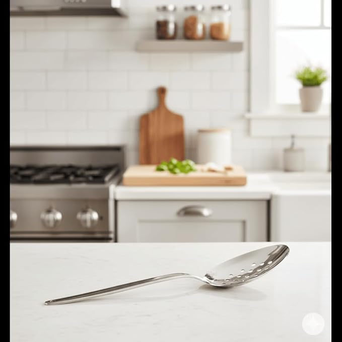 Chef Kunz Perforated Spoon | 9 Inch Silver 18/10 Stainless Steel Plating, Basting, Quenelle, Plating Spoon for Draining and Serving, Dishwasher Safe (Perforated)
