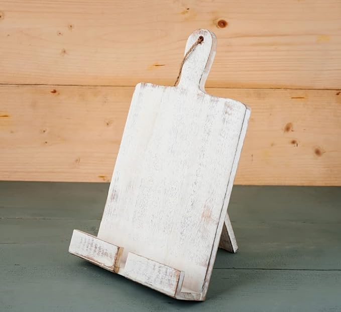 Wedding Gifts Wooden Cookbook Stand Chopping Board Style Foldable Recipe Book Stand Holder Easel for Kitchen Text Book Tablet L 9.5 x B 1.5 x H 14 inches (White) Cooking Gifts