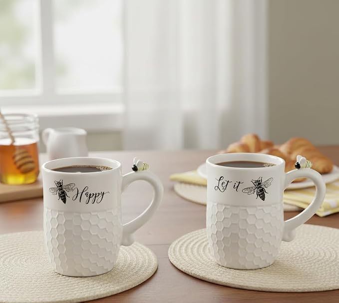 Young's Inc Ceramic Bee Coffee Mug Set of 4, 16 oz – Honeycomb Texture Cups with Bee Handle – Microwave & Dishwasher Safe, Perfect Bees Lover Gift