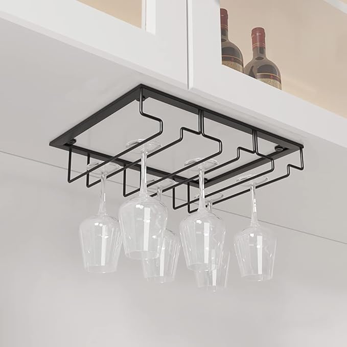 Hanging Stemware Holder - Wine Glass Hanger Rack Under Cabinet Stemware Wine Glass Holder Storage Hanger for Bar Kitchen Cabinet (3 Rows 1 Pack)