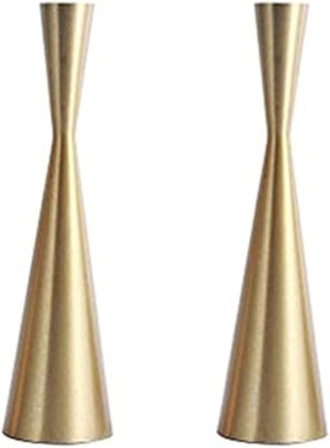 Pack 2 Brass Gold 9" Metal Taper Candlesticks Candleholder Vintage Mid-Century Modern Candlestick Home Cabin Lodge Table Mantel Wedding Centerpiece Candle Holders (Brass Golden, Pack of 2 Medium 9")