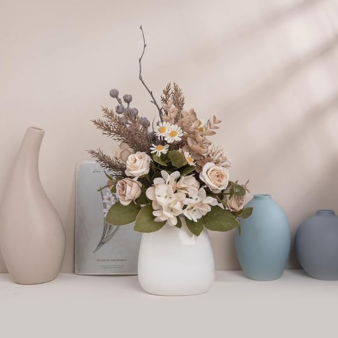12-inch Small Fake Silk Flowers Fall Bouquet Faux Centerpieces with Roses, Dandelions, Hydrangea, Daisies, Hollyberries - Realistic Artificial Floral Arrangements for Home Kitchen Decor