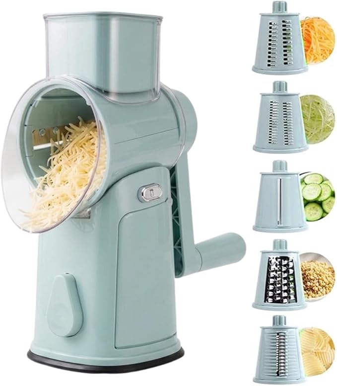Rotary Cheese Grater Hand Crank, 10-Blade Shredder with Handle, Vegetable Slicer Mandoline Food Chopper, Strong Suction Base Kitchen Gadget for Cheese Vegetables Nuts – Green