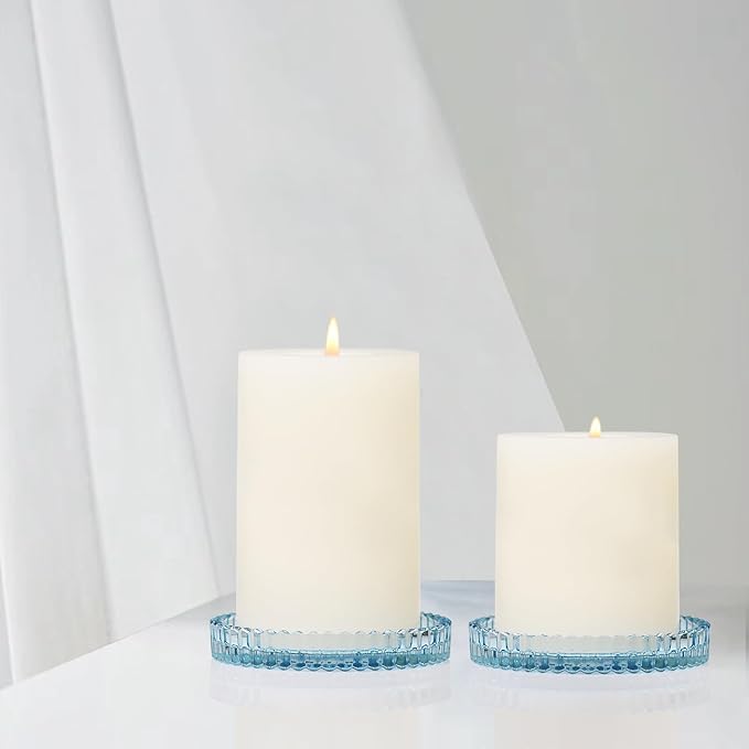 Vixdonos 3.8 Inch Glass Pillar Candle Holder Set Pack 2 Gear Round Plate Serrated Candle Stand for Table Centerpieces,Party, Wedding and Home Decor