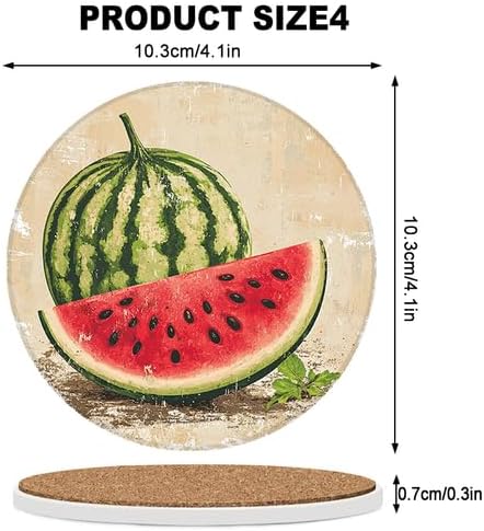 Ceramic Coasters Set of 6 Absorbent Stone Drink Coasters with Holder,Non-Slip Cork Backing,Retro Watermelon Coasters for Coffee Table,Desk & Home Decor