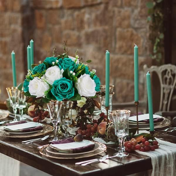 BLOSMON Teal Flowers Ball Decorations: 2 Pcs Fake Roses Flower Centerpiece for Wedding Table - Artificial Silk Kissing Bouquet Floral Arrangement for Home Party Event Decor | Artificial Silk Kissing Bouquet Floral Arrangement for Home Party Wedding Eve...