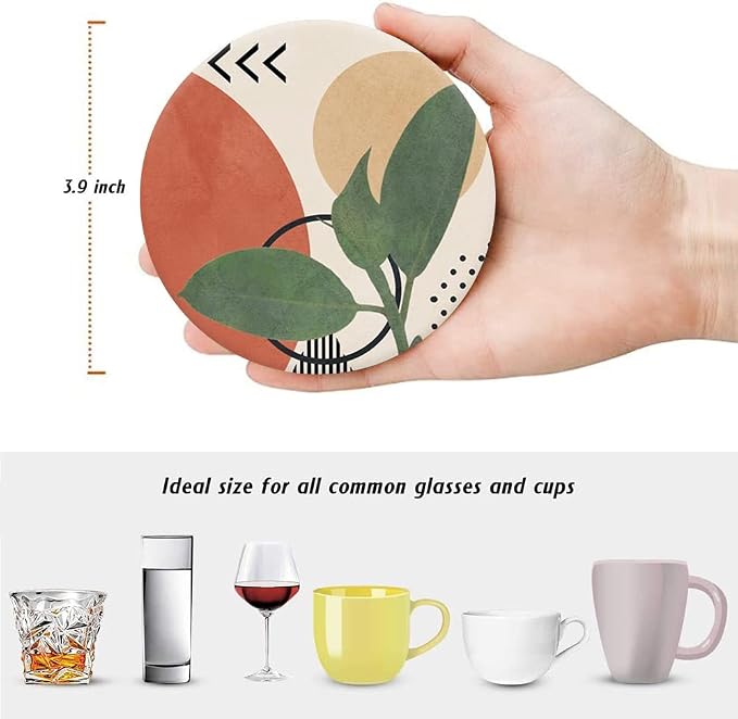 HUXJOKO Coasters for Drinks Set of 6,Modern Boho Tropical Leaves Absorbent Ceramic Coaster,Round Stone Mat,with Cork Base and Metal Holder for Coffee Table Room Bar Home Decor Housewarming Gifts