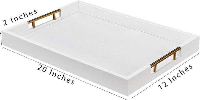 12×20 Inches White Faux Leather Coffee Serving Tray Decorative Ottoman Trays with Gold Metal Handles Decor for Living Room Rectangle Large Bed Breakfast Organizer for All Occasions Multipurpose Using