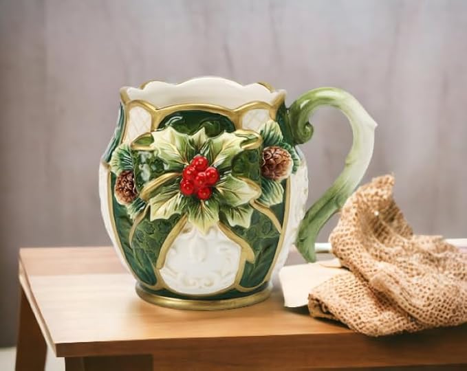 Cosmos Gifts 10305 Fine Ceramic Christmas Emerald Green Holly with Red Berry and Pine Cone Mug (4 Piece Set), 5.25" L