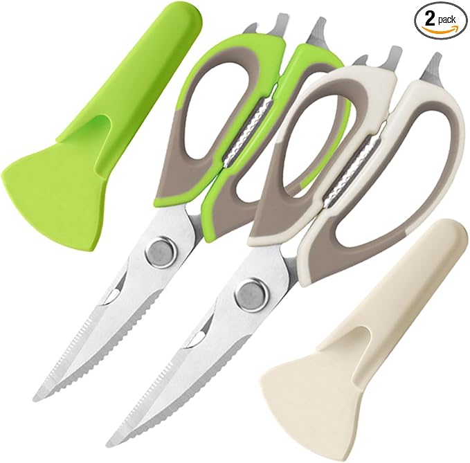 2 Pcs Heavy Duty Kitchen Shears with Magnetic Holder for Fridge, Multi-function Kitchen Magnetic Scissors for Food - Come Apart Design, Rust-Resistant (White and Green)