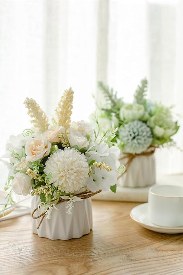 TKAS Artificial Faux Silk Fake Flowers Arrangement, Small Realistic Roses & Hydrangea in Ceramic Vase, Dining Table Centerpiece for Wedding Party Home Decoration (White)