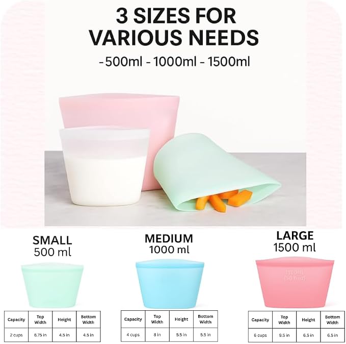 Reusable Silicone Food Storage Bags, 34 Fluid Ounces, 3-Pack, Leakproof, Freezer and Microwave Safe, Stand-Up Design, BPA Free, Dishwasher Safe (MIXED)
