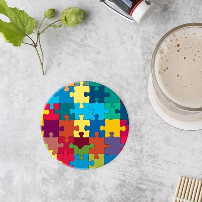 Ceramic Stone Coasters for Drinks Cup, Colorful Puzzle Background Absorbent Anti Slip Cup Coasters with Cork Base for Kitchen Living Room Office Decor Housewarming Gift Set of 1 (4 * 4 Inch)