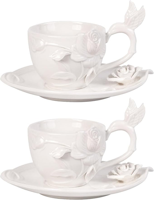 KAMMAK Tea Cups and Saucers Set of 2, Porcelain Coffee Cups, 8.5-Ounce Stackable Espresso Mugs, Ceramic Demitasse for Coffee, Latte, Americano, Tea, Cubic Rose