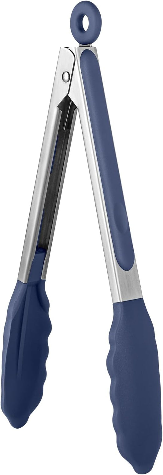 600ºF Heat Resistant Kitchen Tongs: U-Taste 9 in Silicone Cooking Tong with Firm Sealed Non Stick Rubber Tips & Silicon Coated 18/8 Stainless Steel Handle & Smooth Lock for Serving Grill-Midnight Blue
