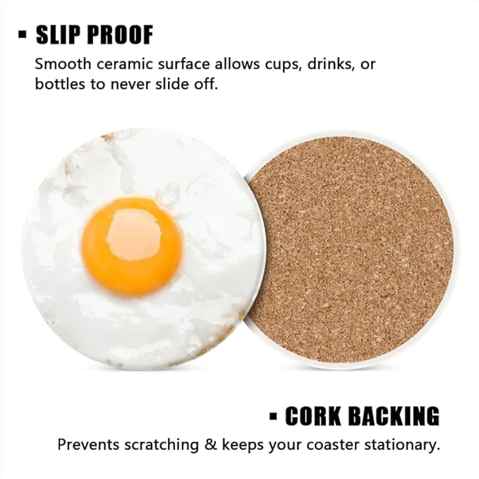 Ceramic Stone Coasters for Drinks Set of 1, Fried Soft-Boiled Eggs Round Absorbent Cup Coasters Protection for Coffee Table Kitchen Counter Decor (4 * 4 Inch)