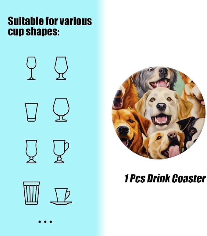 Ceramic Stone Coasters for Drinks Set of 1, Happy Dogs with Smiling Faces Round Absorbent Cup Coasters Protection for Coffee Table Kitchen Counter Decor (4 * 4 Inch)