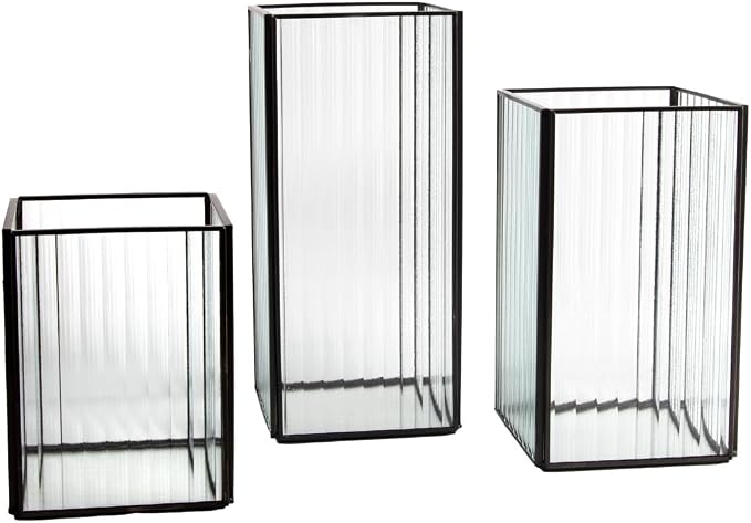 Koyal Wholesale Glass Ribbed Hurricane Candle Holders - Black Pillar Set of 3