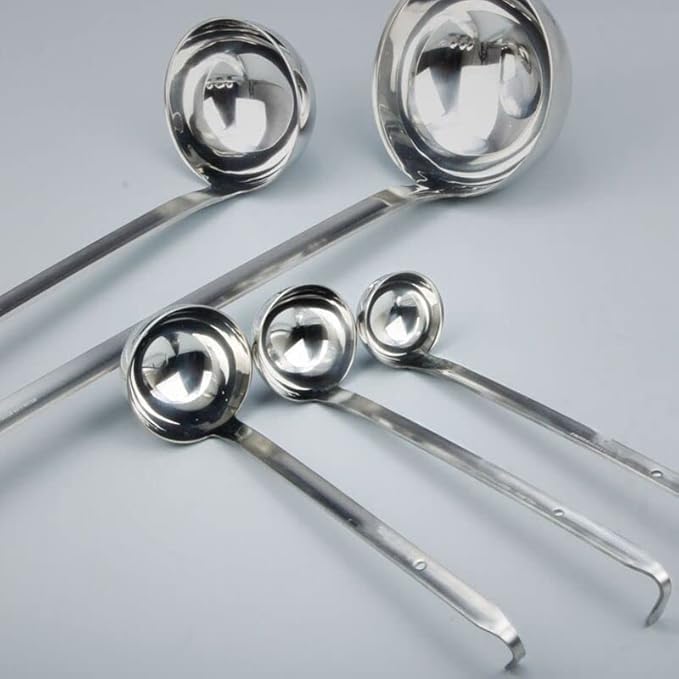 Stainless Steel Hooked Handle Ladle Set - 5 Pcs with Pouring Rim, Long Handle for Kitchen Cooking Soup Sauce (1oz, 2oz, 4oz, 6oz, 8oz)