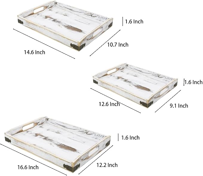 Owlgift Rustic White Wood Serving Trays with Brass Metal Wrap Accents, Set of 3