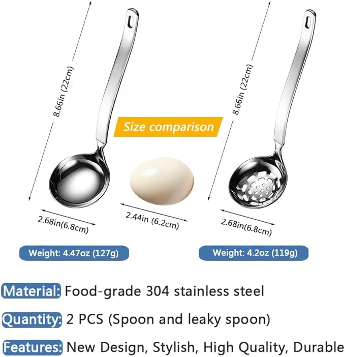 Collfa Small Soup Ladle Metal SUS304 Stainless Steel Ladles Spoon And Slotted Colander Spoon Set Soup Ladle With Holes Strainer Scoop Ladles For Serving Gravy Hot Pot Or Restaurant,2 Piece Set
