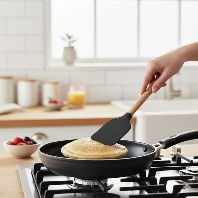 Silicone Cooking Kitchen Utensils Set – BPA‑Free, Non‑Toxic, Non-Stick, Heat‑Resistant to 446 °F, Non‑Scratch Wooden Handles + Utensil Holder (Black)