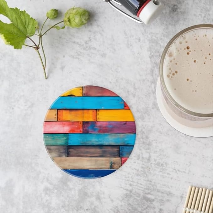 Ceramic Drink Coasters Absorbent Set of 1, Colorful Wood Wall Background with Wooden Slats Round Anti Slip Modern Cup Coasters for Desk Kitchen Office Housewarming Hostess Gifts (4 * 4 Inch)